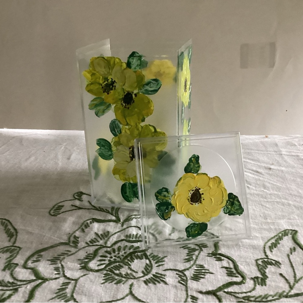 Hand Crafted Yellow Floral Acrylic CD Case and Holder